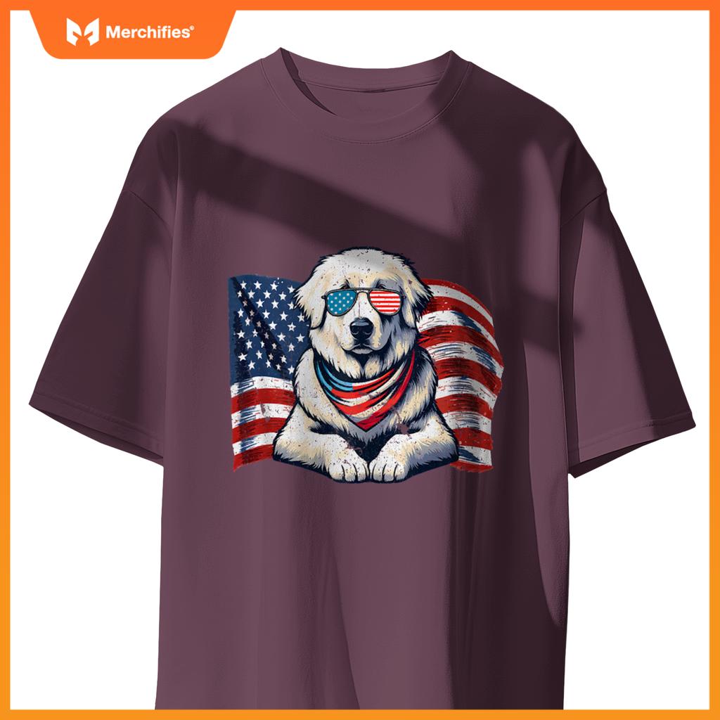 Great Pyrenees Dogs Vintage USA Flag Sunglasses Patriotic T-Shirt