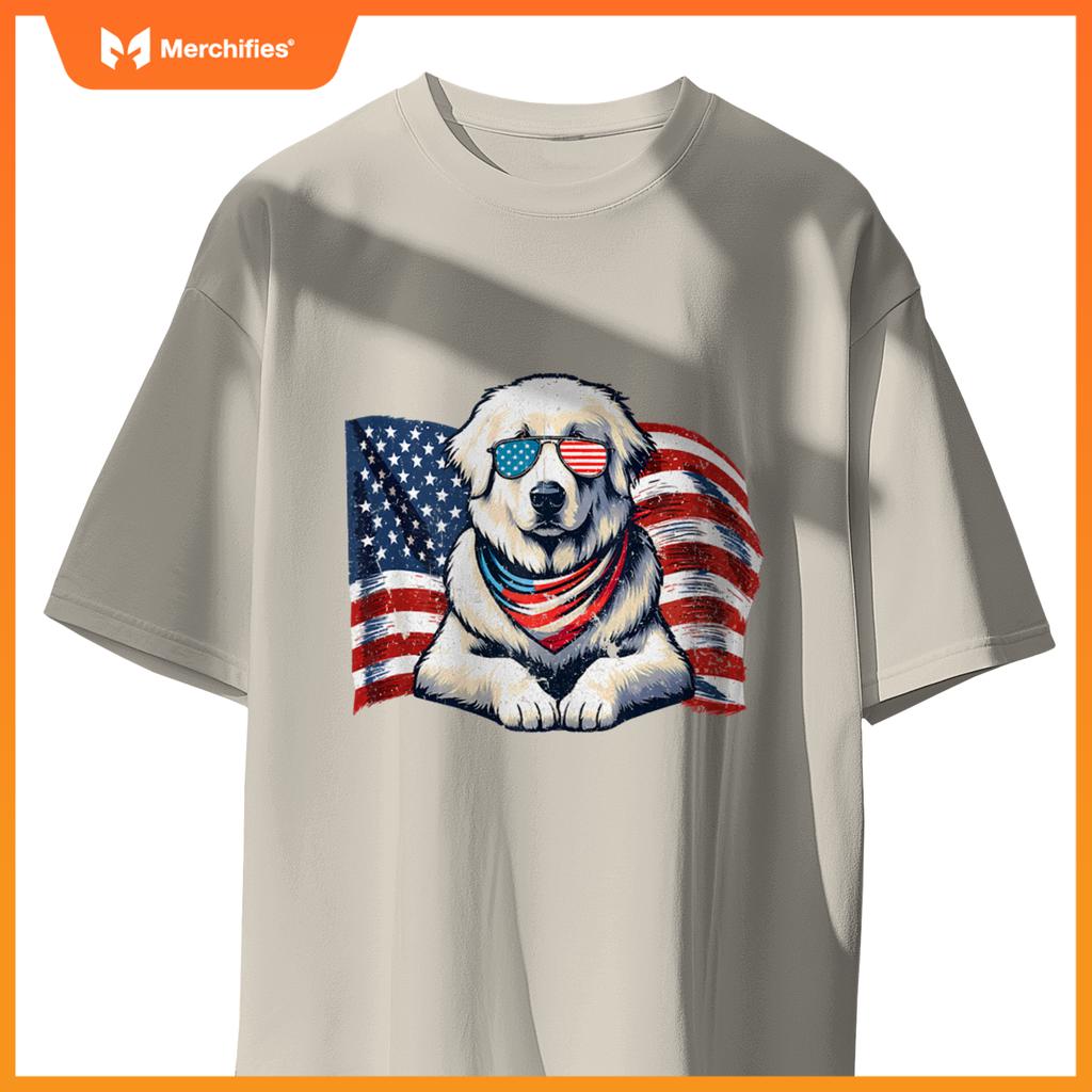 Great Pyrenees Dogs Vintage USA Flag Sunglasses Patriotic T-Shirt
