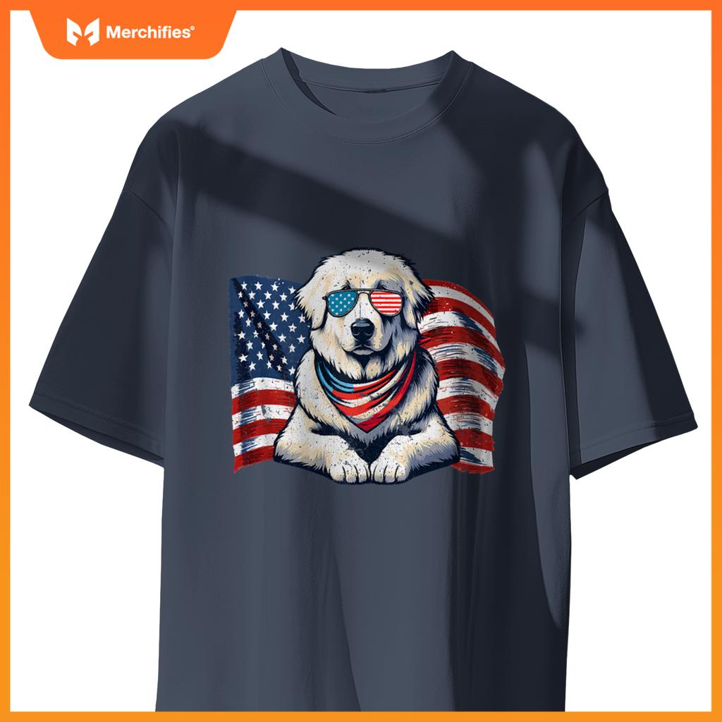 Great Pyrenees Dogs Vintage USA Flag Sunglasses Patriotic T-Shirt