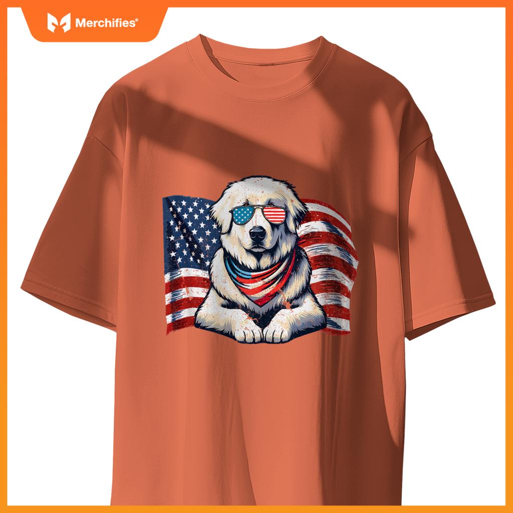 Great Pyrenees Dogs Vintage USA Flag Sunglasses Patriotic T-Shirt
