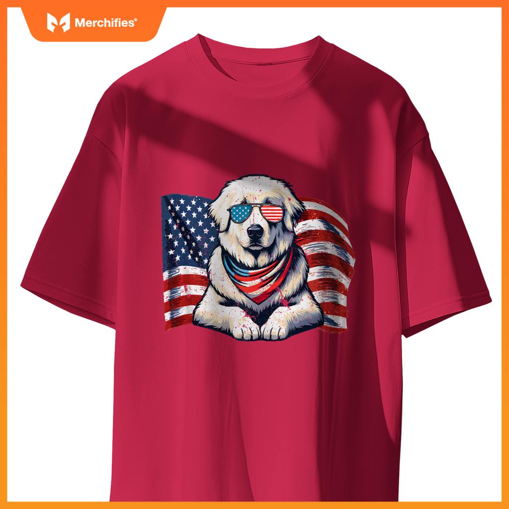 Great Pyrenees Dogs Vintage USA Flag Sunglasses Patriotic T-Shirt
