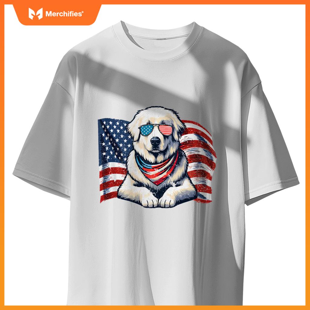 Great Pyrenees Dogs Vintage USA Flag Sunglasses Patriotic T-Shirt