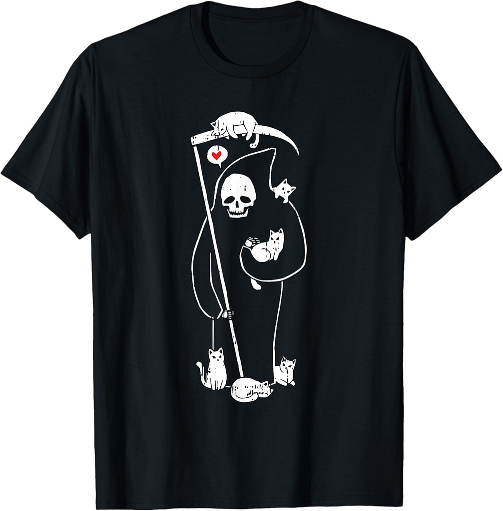 Grim Reaper Cat Halloween Costume Scary Skull Skeleton T-Shirt for Men Women Kids
