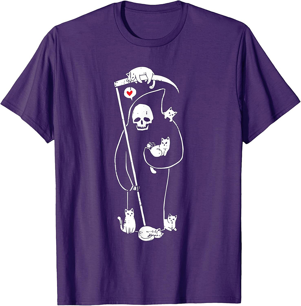 Grim Reaper Cat Halloween Costume Scary Skull Skeleton T-Shirt for Men Women Kids