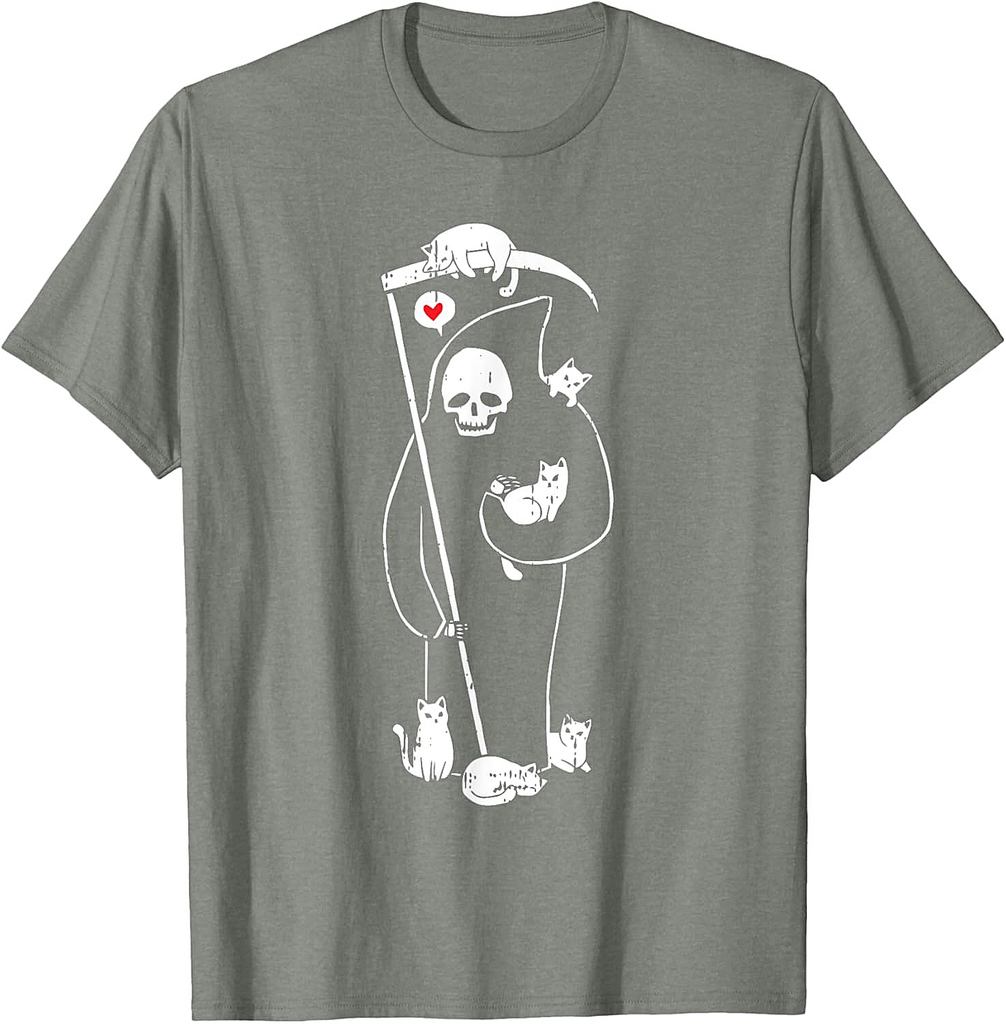 Grim Reaper Cat Halloween Costume Scary Skull Skeleton T-Shirt for Men Women Kids