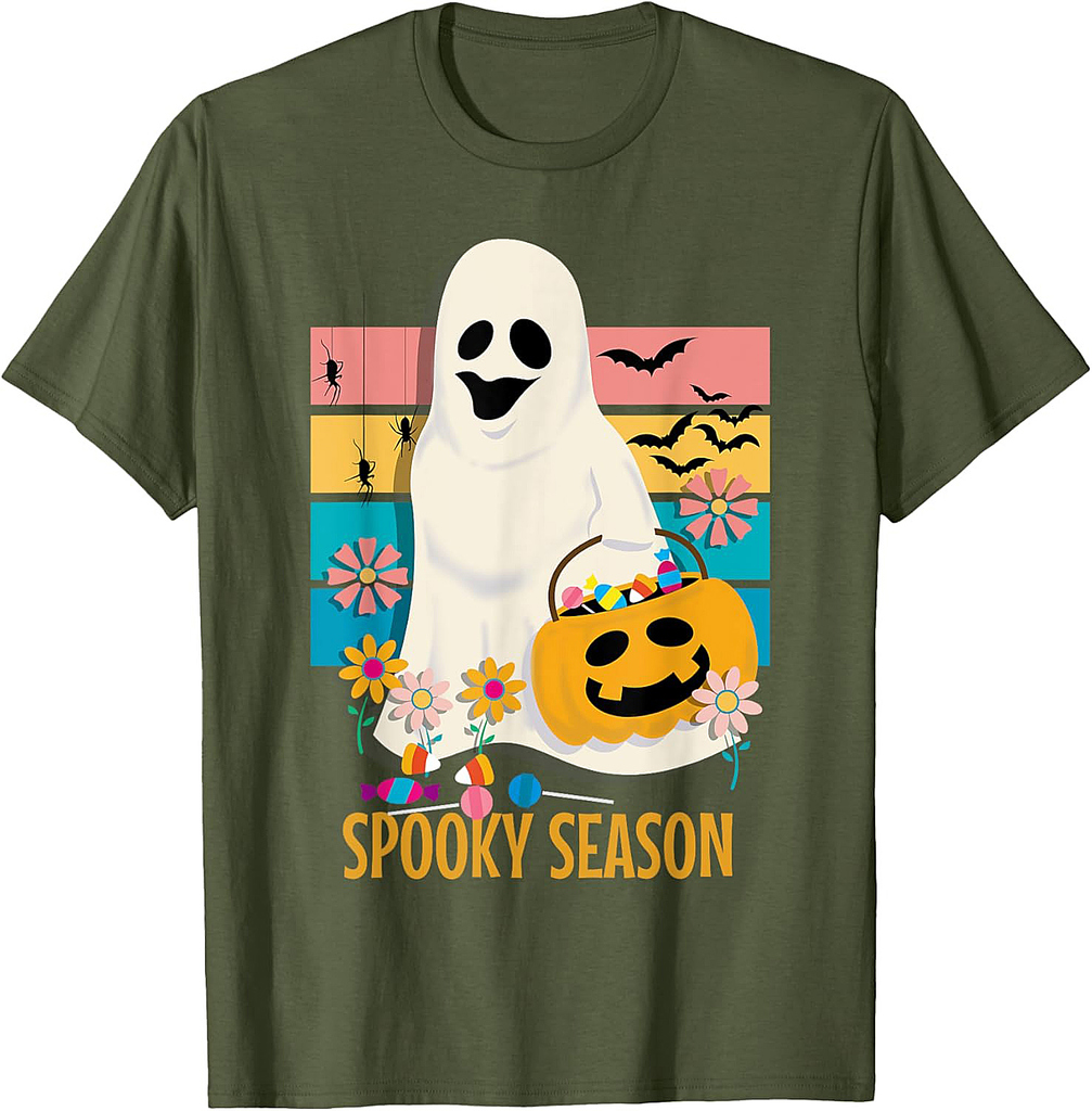 Groovy Spooky Season Cute Ghost Holding Pumpkin Halloween T-Shirt