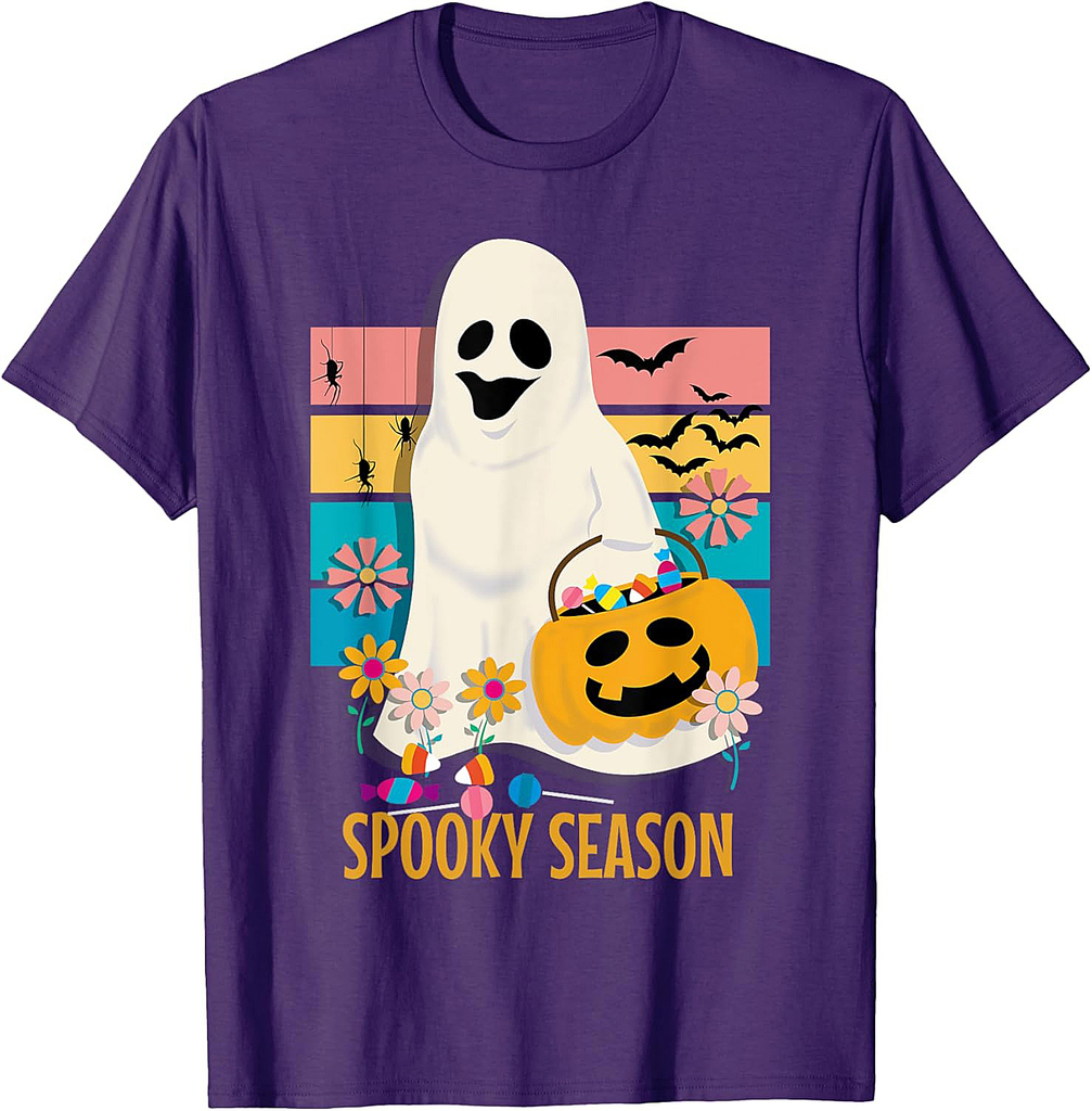 Groovy Spooky Season Cute Ghost Holding Pumpkin Halloween T-Shirt