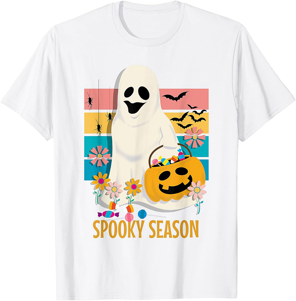 Groovy Spooky Season Cute Ghost Holding Pumpkin Halloween T-Shirt