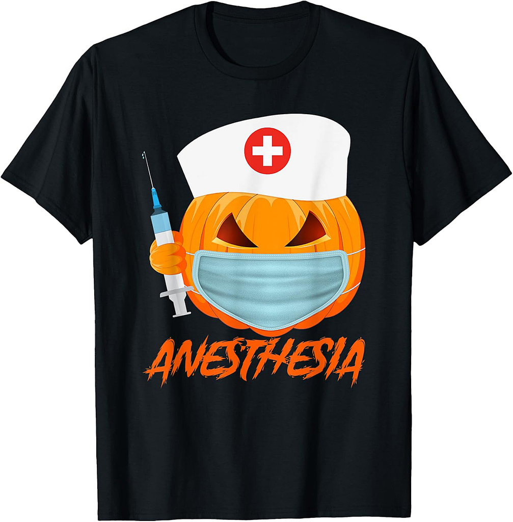 Halloween ANESTHESIA Pumpkin Wearing a mask Womens Nurse T-Shirt