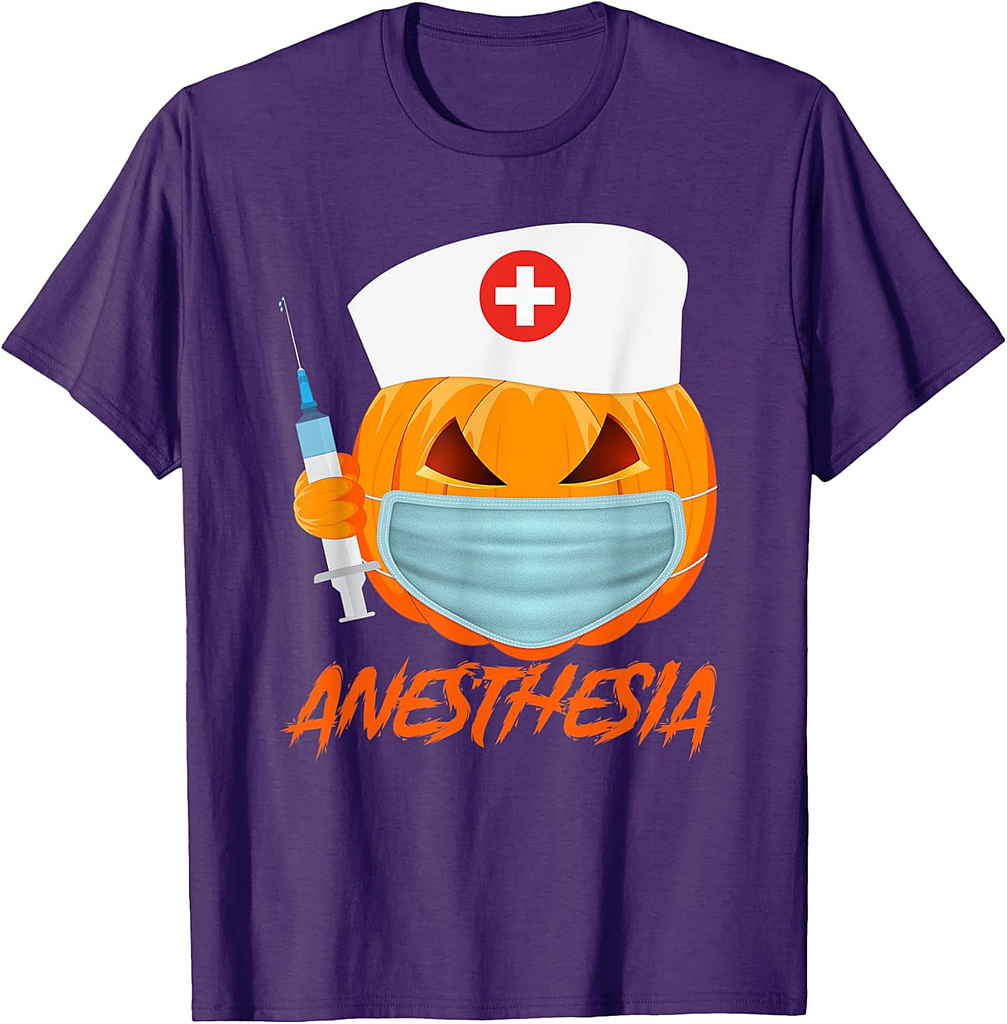 Halloween ANESTHESIA Pumpkin Wearing a mask Womens Nurse T-Shirt