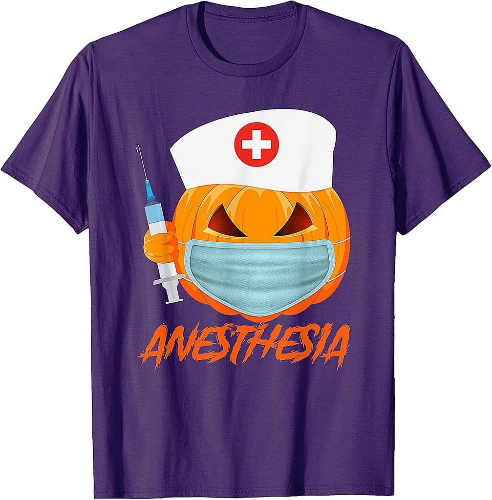 Halloween ANESTHESIA Pumpkin Wearing a mask Womens Nurse T-Shirt