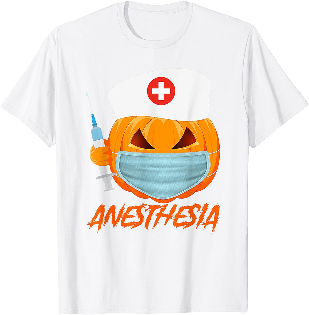Halloween ANESTHESIA Pumpkin Wearing a mask Womens Nurse T-Shirt