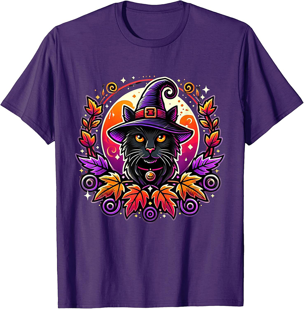 Halloween Black Cat Van Gogh Witch Kawaii Pumpkin Women Men T-Shirt
