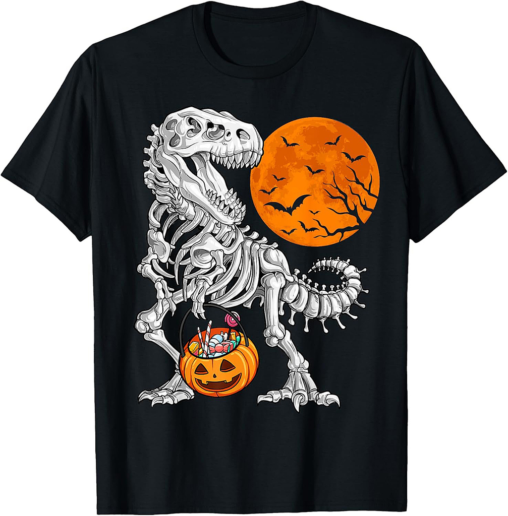 Halloween Boys Dinosaur Skeleton T rex Scary Pumpkin Moon T-Shirt