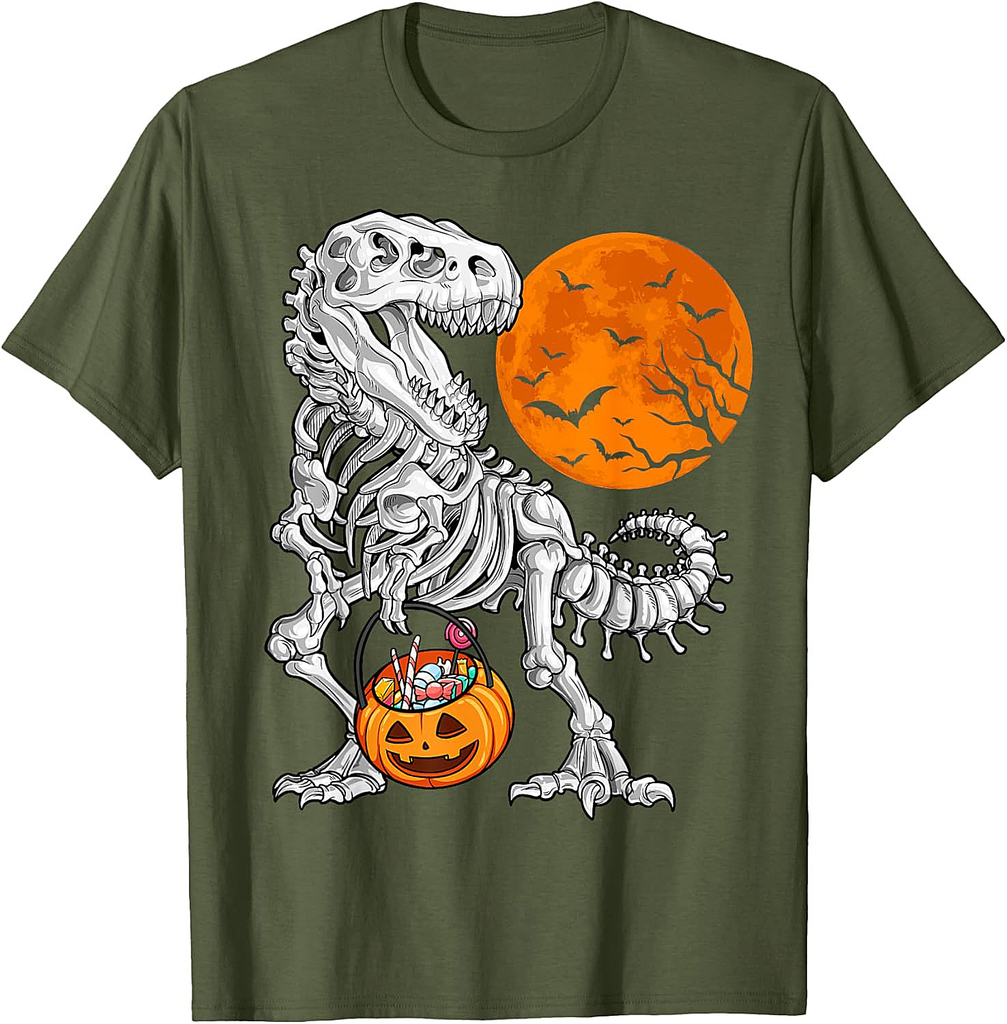 Halloween Boys Dinosaur Skeleton T rex Scary Pumpkin Moon T-Shirt