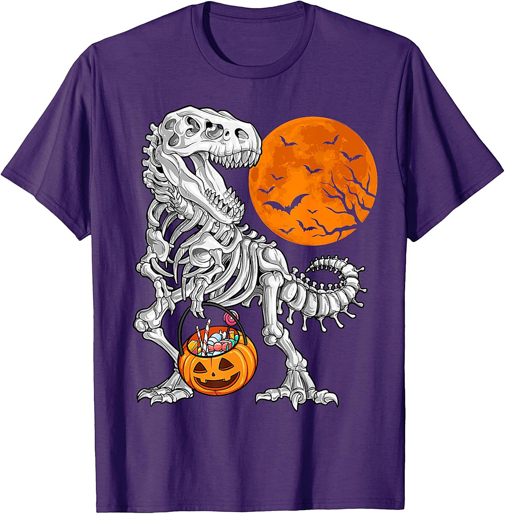 Halloween Boys Dinosaur Skeleton T rex Scary Pumpkin Moon T-Shirt