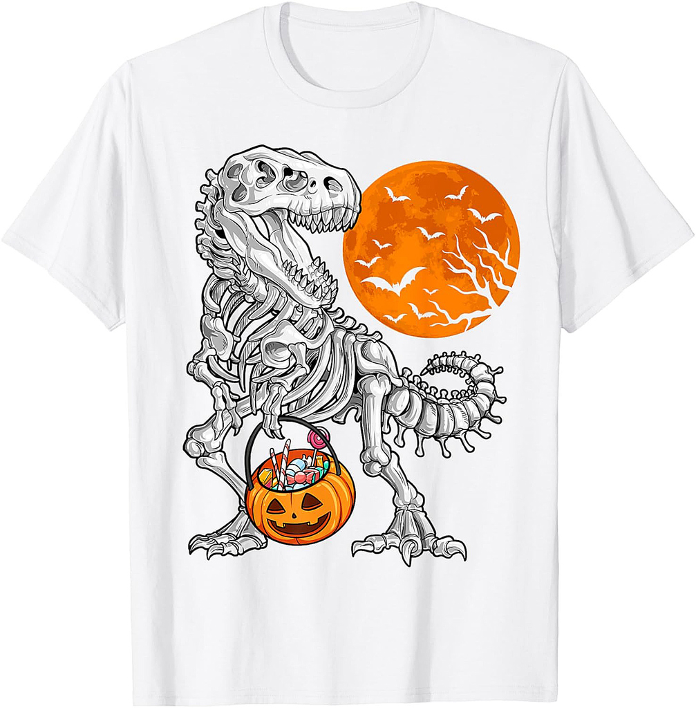 Halloween Boys Dinosaur Skeleton T rex Scary Pumpkin Moon T-Shirt