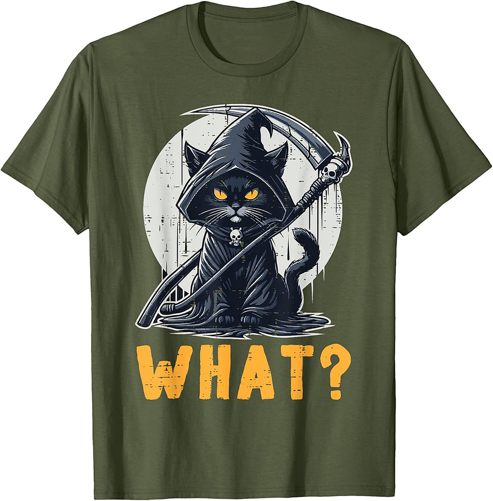 Halloween Cat Grim Reaper What Funny Costume Women Men Kids T-Shirt