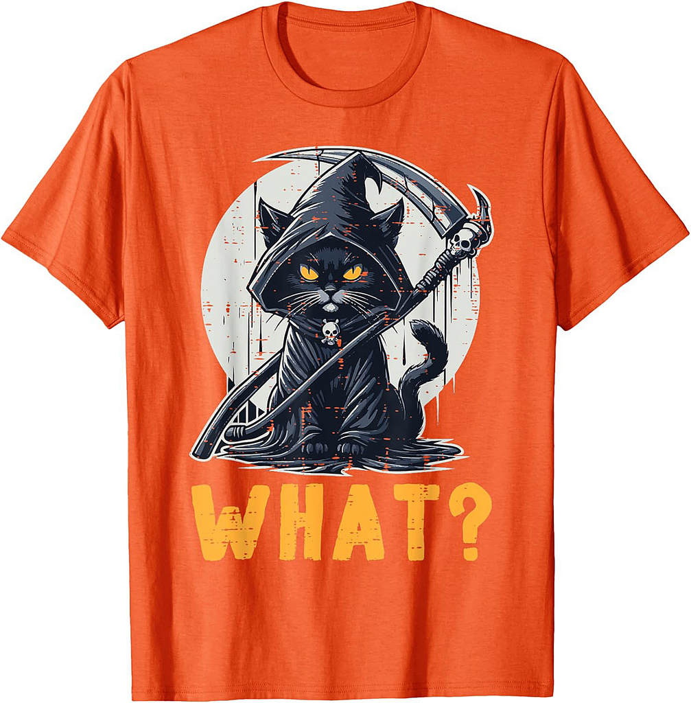 Halloween Cat Grim Reaper What Funny Costume Women Men Kids T-Shirt