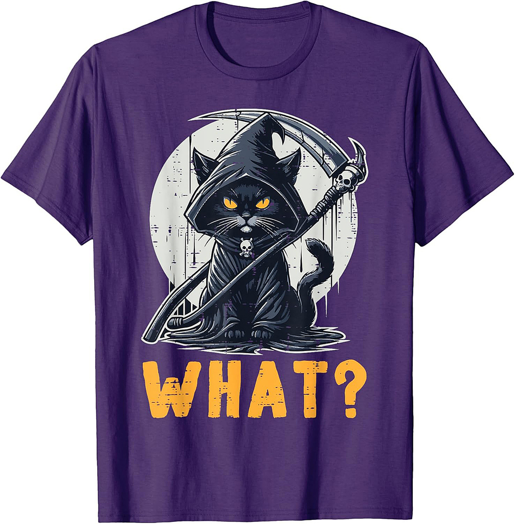Halloween Cat Grim Reaper What Funny Costume Women Men Kids T-Shirt