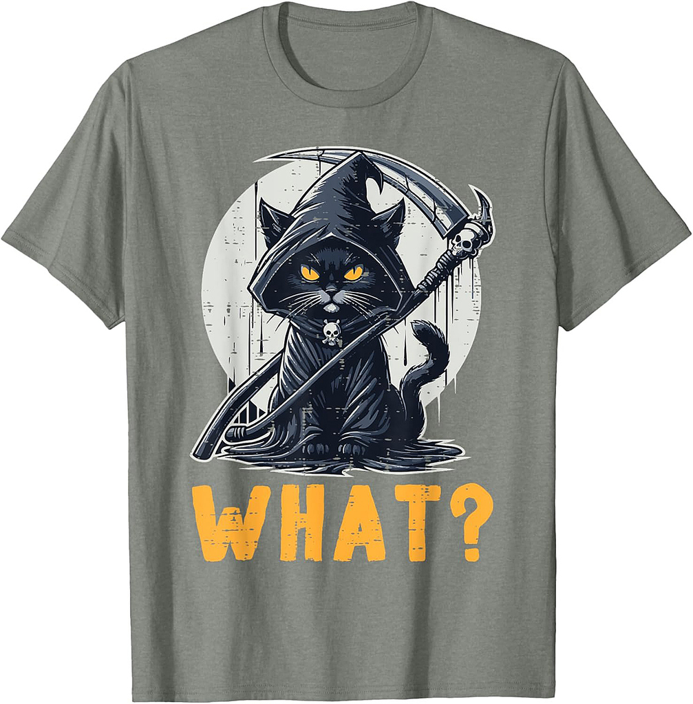 Halloween Cat Grim Reaper What Funny Costume Women Men Kids T-Shirt