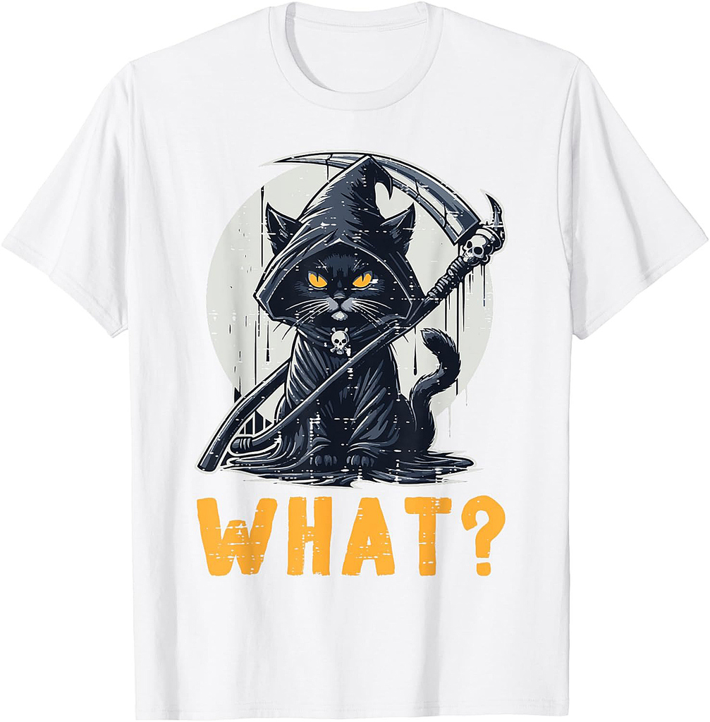 Halloween Cat Grim Reaper What Funny Costume Women Men Kids T-Shirt
