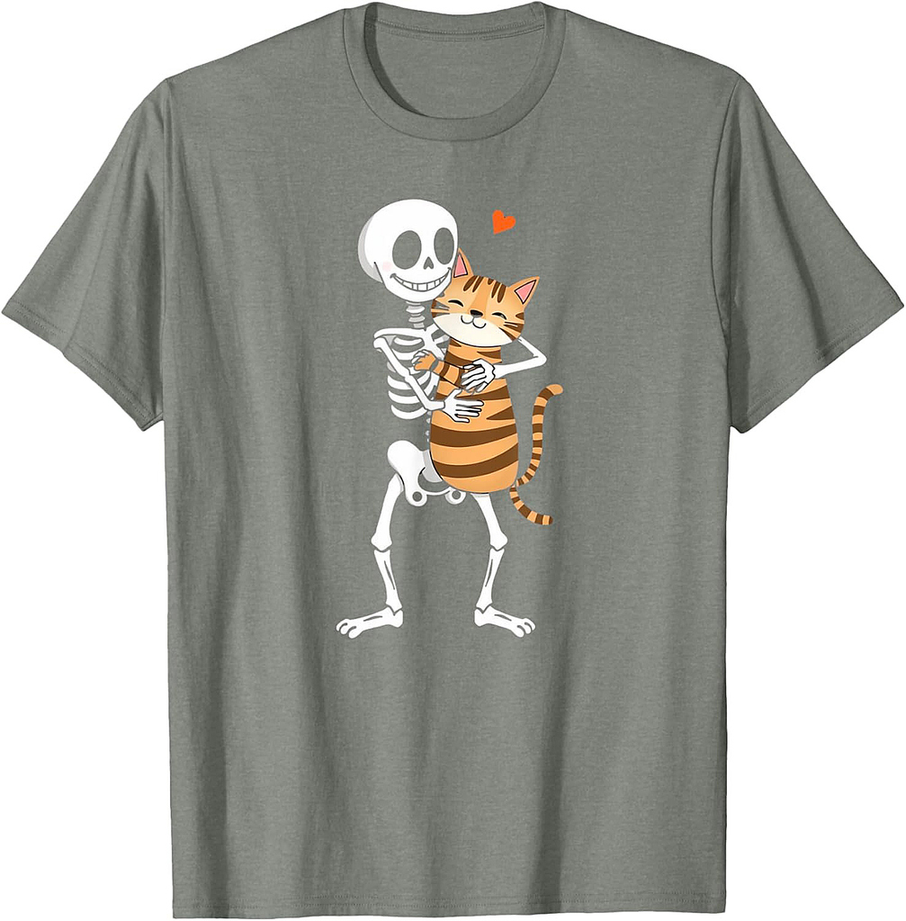 Halloween Cat Lover Skeleton Hugging Cat Cat Mom Dad kids T-Shirt