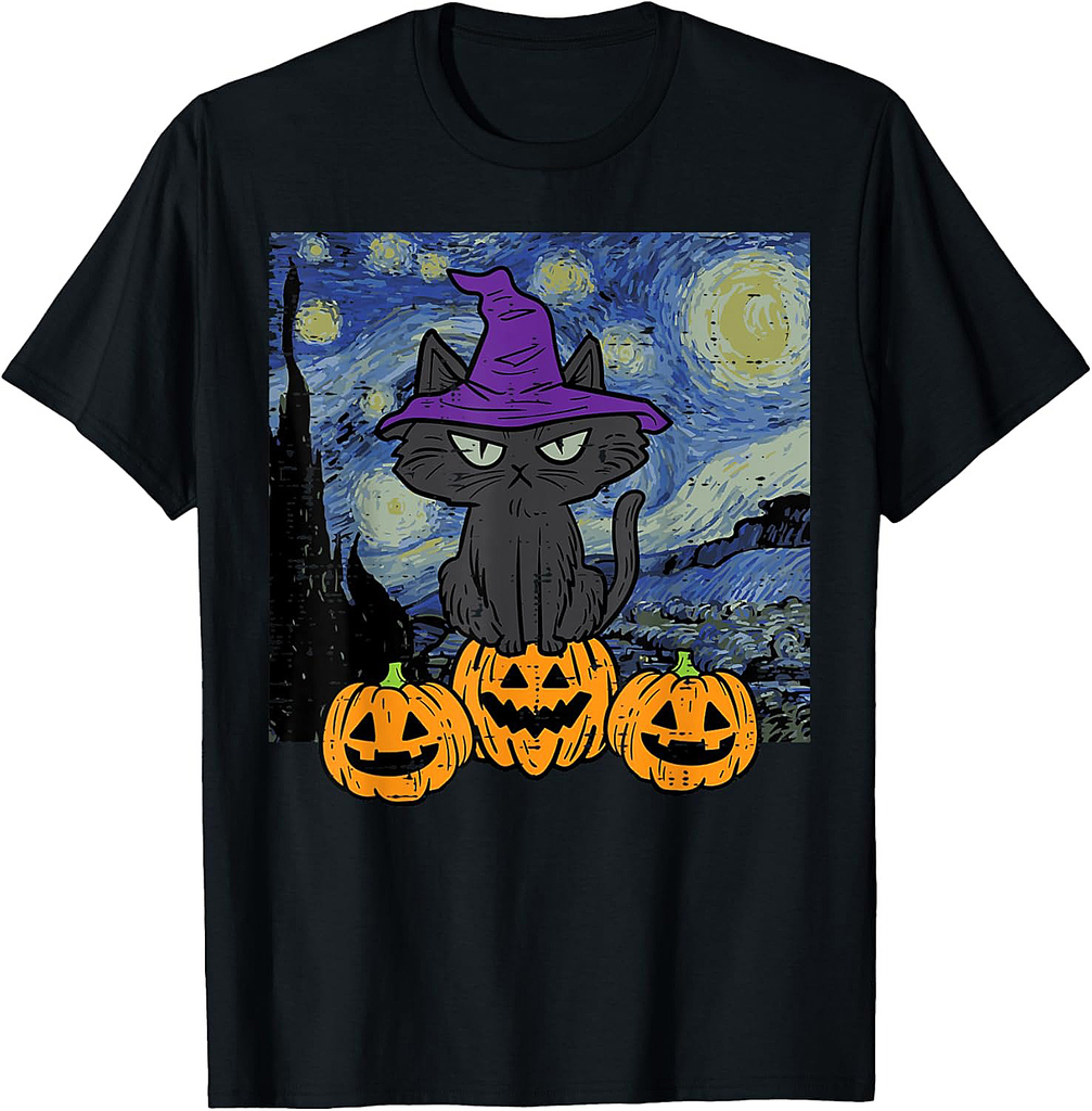 Halloween Cat Starry Night Costume Art Gogh Women Kids Men T-Shirt