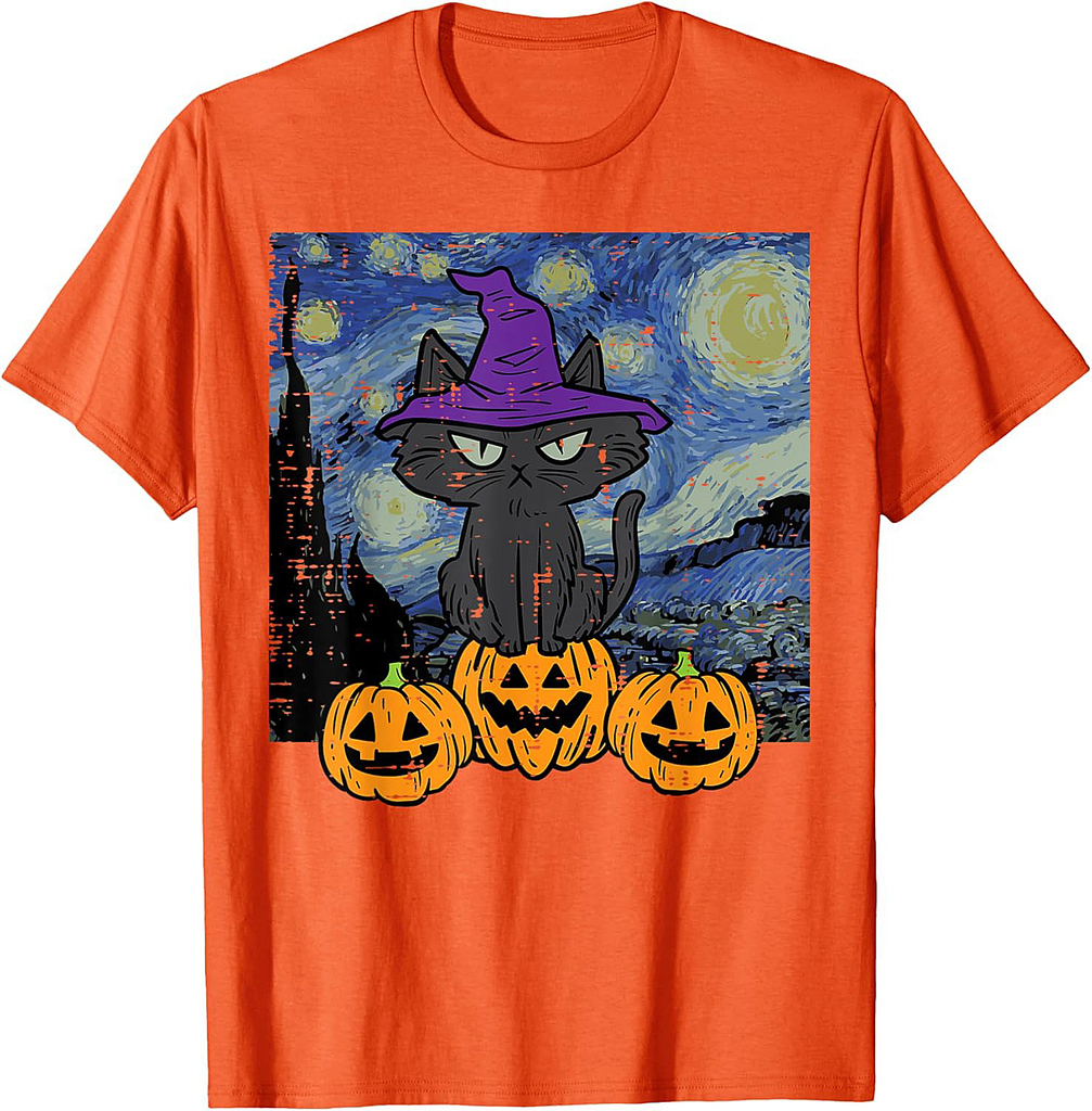 Halloween Cat Starry Night Costume Art Gogh Women Kids Men T-Shirt