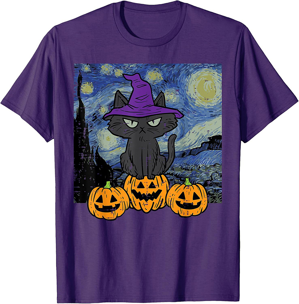 Halloween Cat Starry Night Costume Art Gogh Women Kids Men T-Shirt