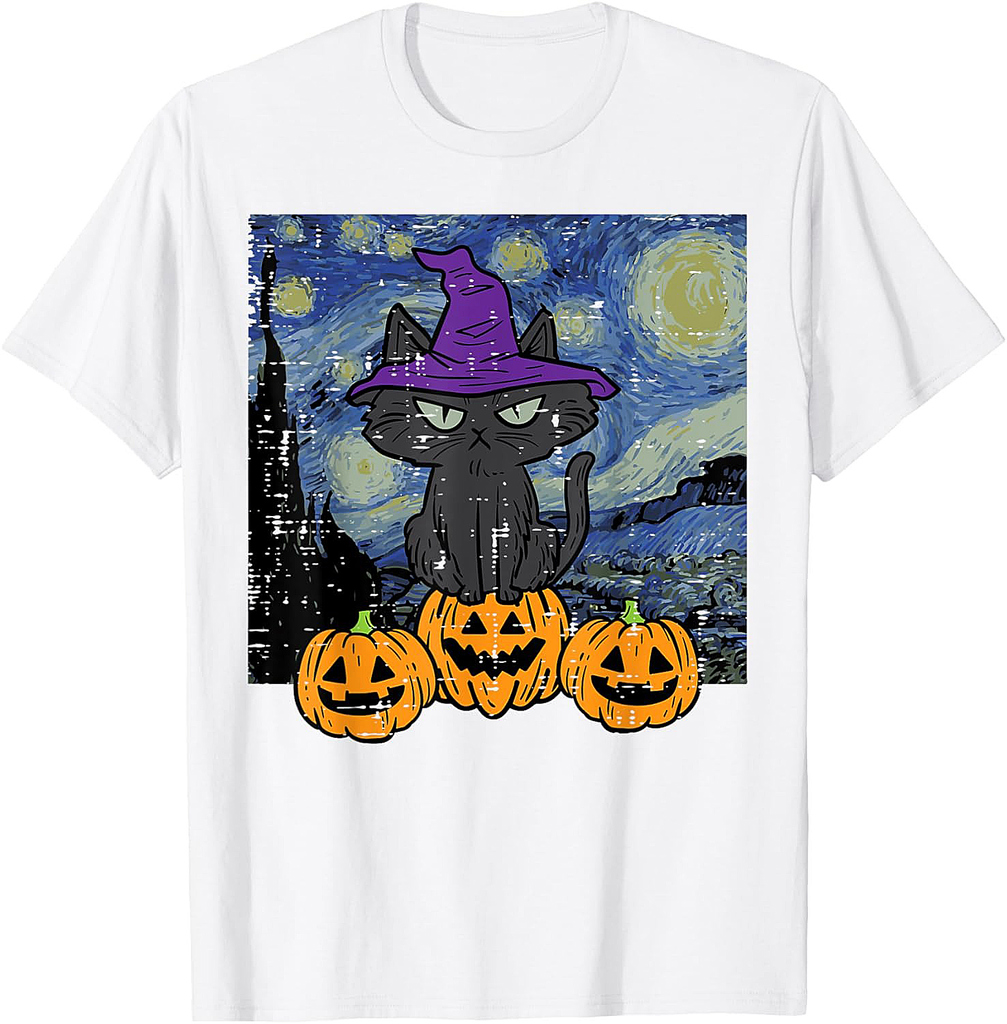 Halloween Cat Starry Night Costume Art Gogh Women Kids Men T-Shirt