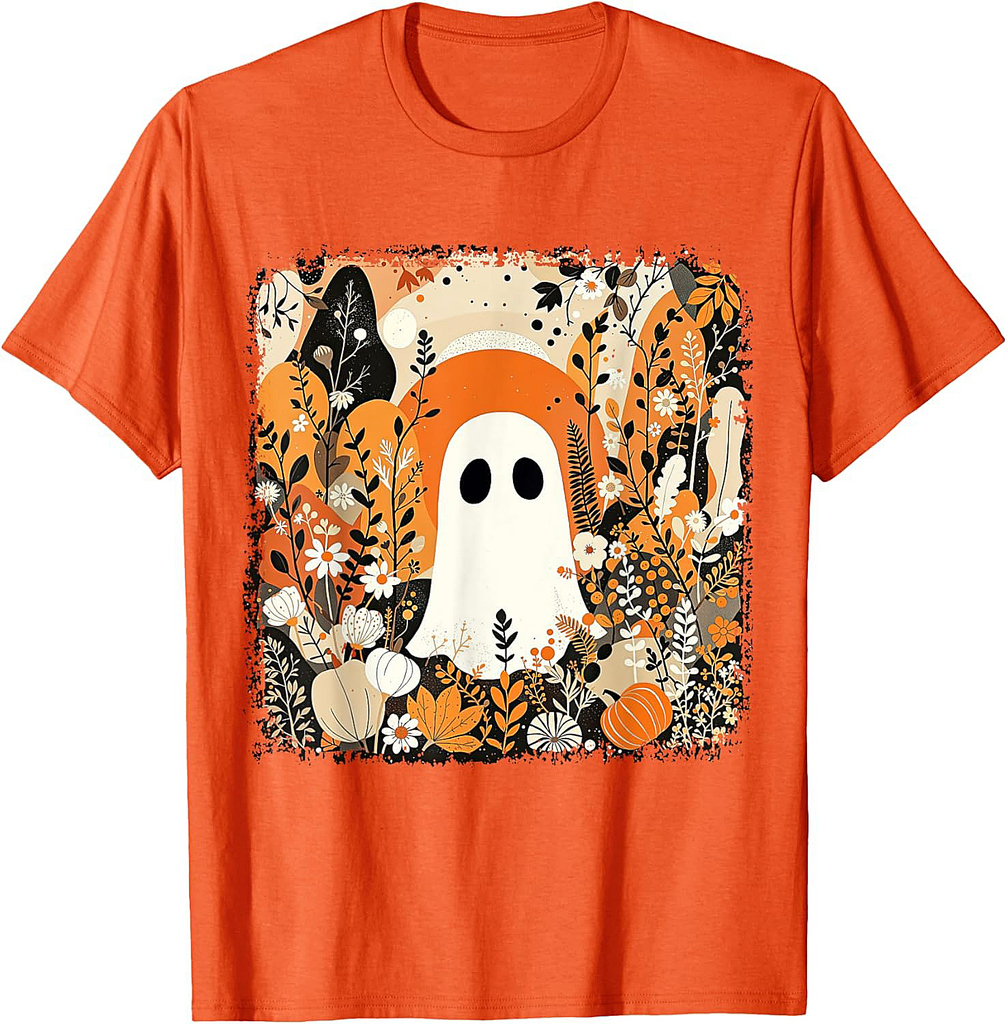 Halloween Ghost Spooky Season Retro Boho Floral Pumpkin T-Shirt