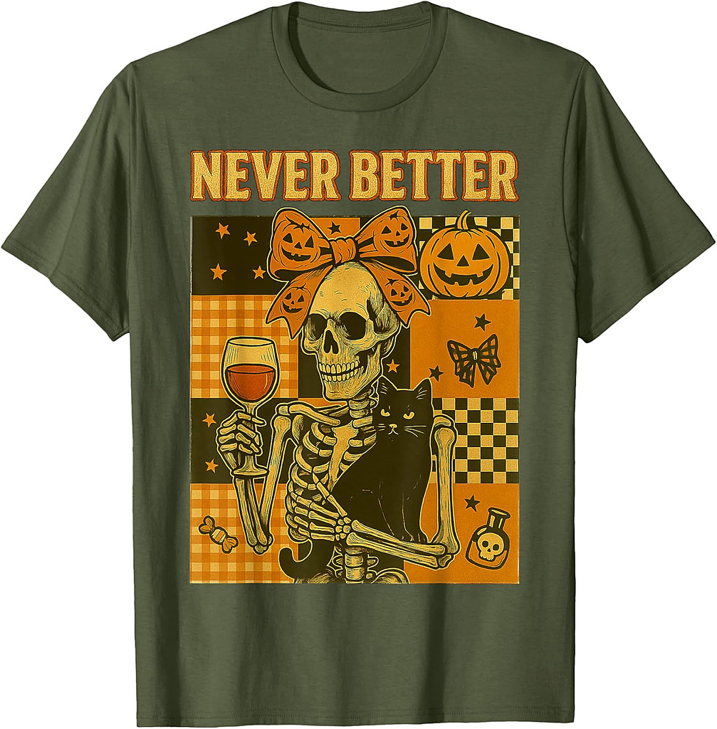 Halloween: Never Better Skeleton Cat Skull Fall Bow T-Shirt