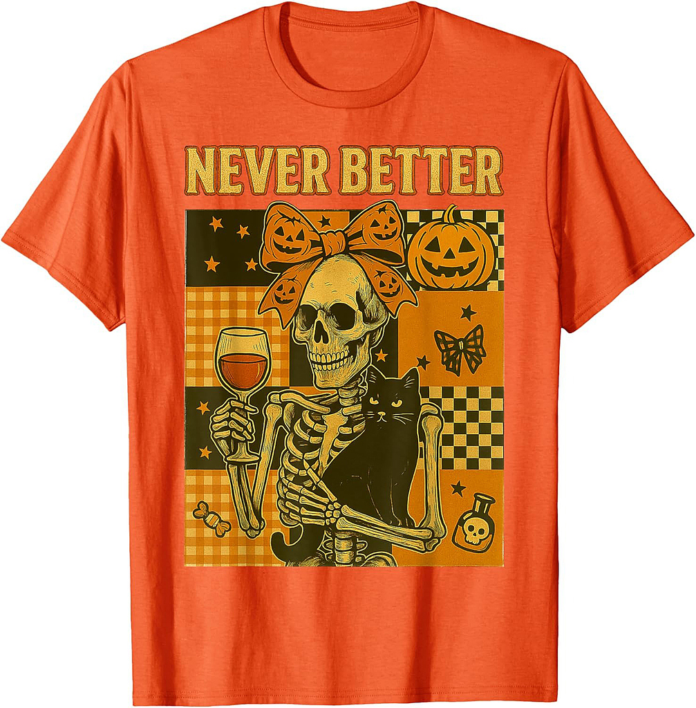 Halloween: Never Better Skeleton Cat Skull Fall Bow T-Shirt