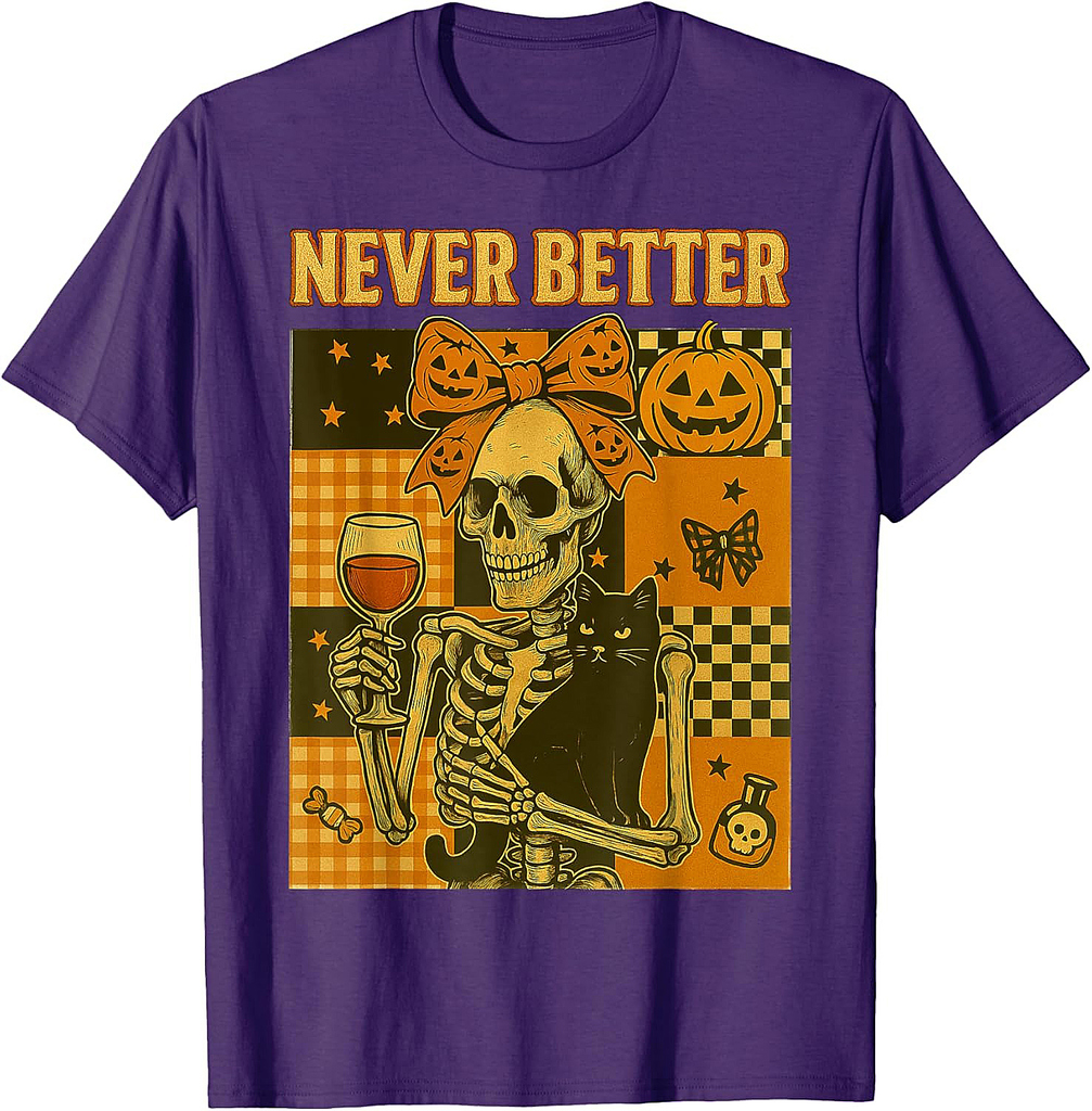 Halloween: Never Better Skeleton Cat Skull Fall Bow T-Shirt