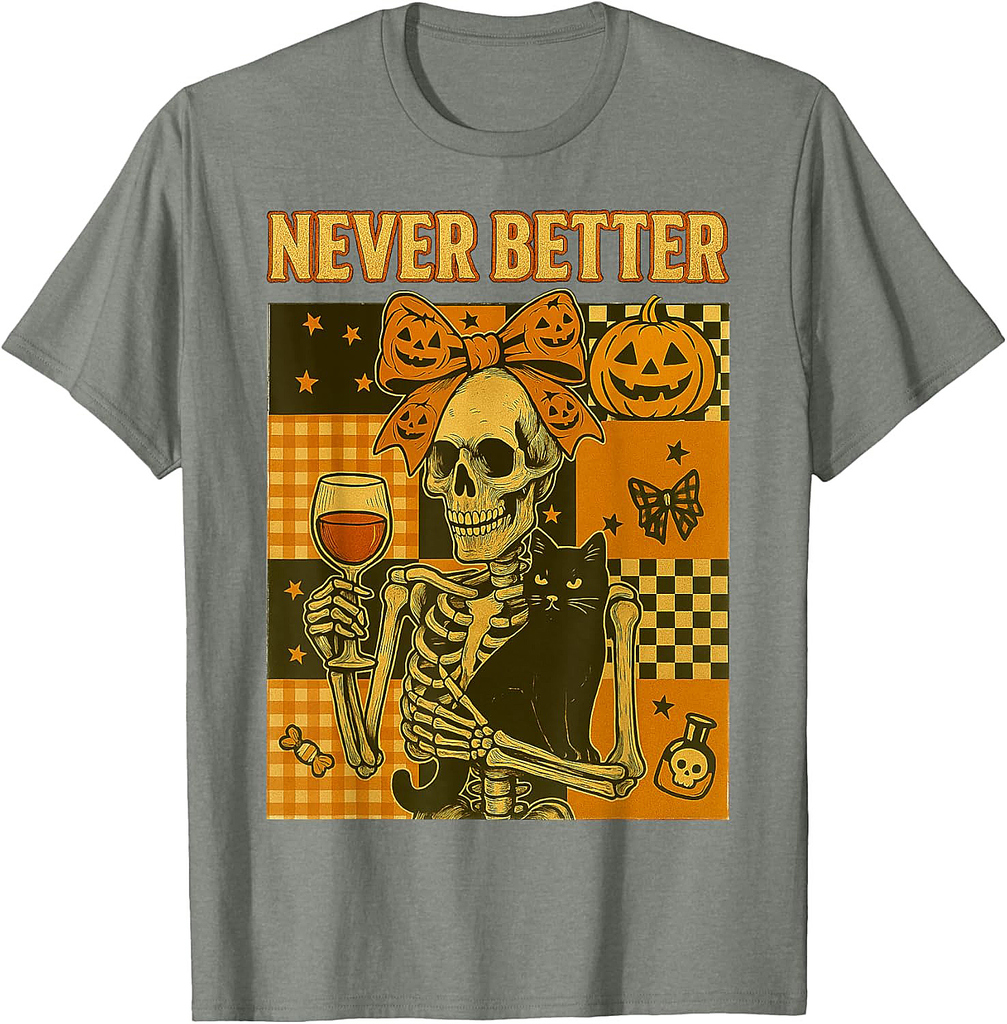 Halloween: Never Better Skeleton Cat Skull Fall Bow T-Shirt