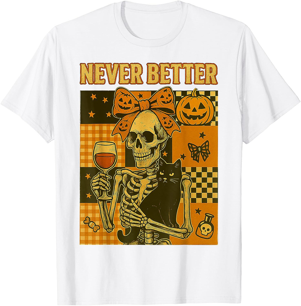 Halloween: Never Better Skeleton Cat Skull Fall Bow T-Shirt