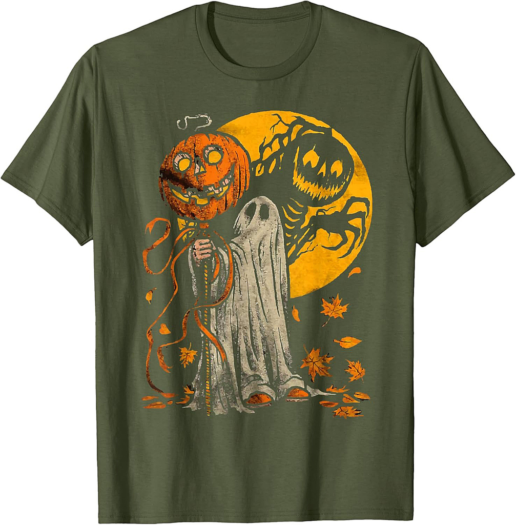 Halloween Pumpkin Ghost Autumn Leaves Graphic Art T-Shirt