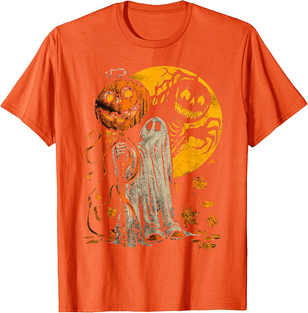 Halloween Pumpkin Ghost Autumn Leaves Graphic Art T-Shirt