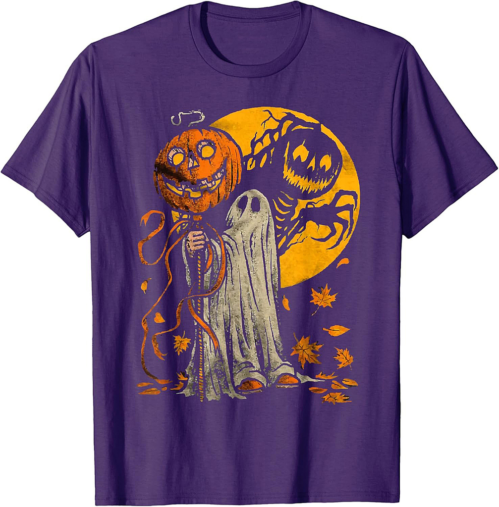 Halloween Pumpkin Ghost Autumn Leaves Graphic Art T-Shirt