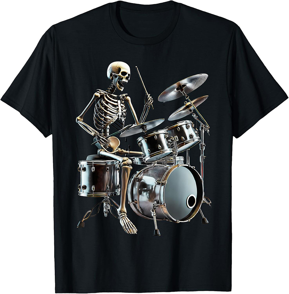 Halloween Rocker Skeleton Playing Drum, Skull Playing Drum T-Shirt