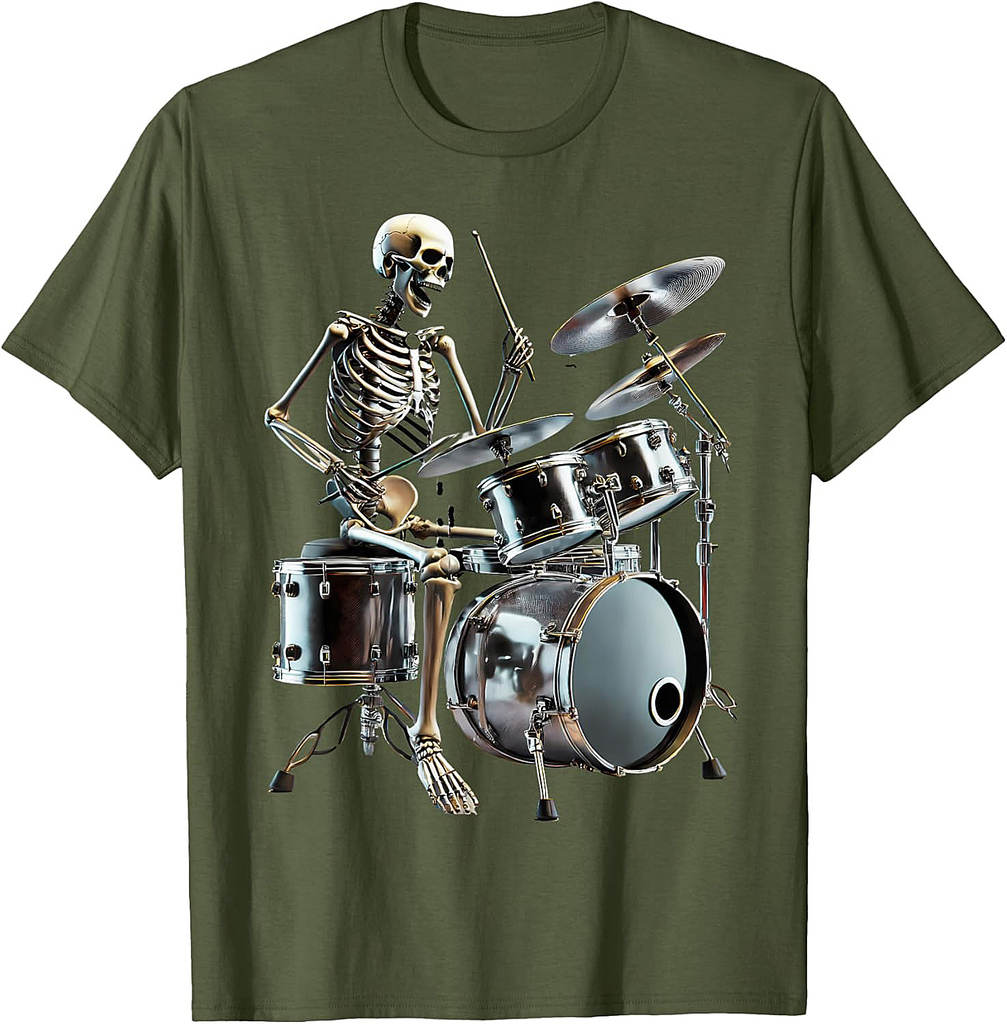 Halloween Rocker Skeleton Playing Drum, Skull Playing Drum T-Shirt