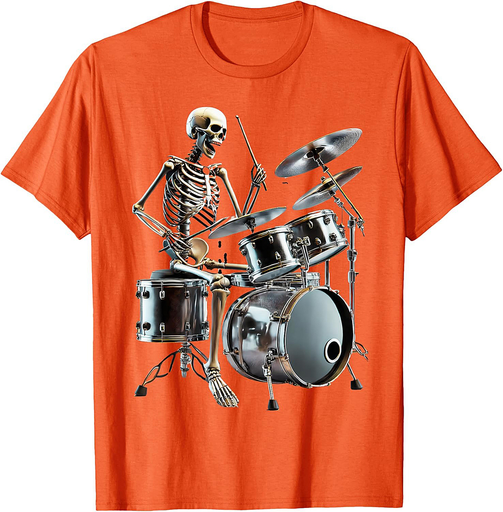 Halloween Rocker Skeleton Playing Drum, Skull Playing Drum T-Shirt