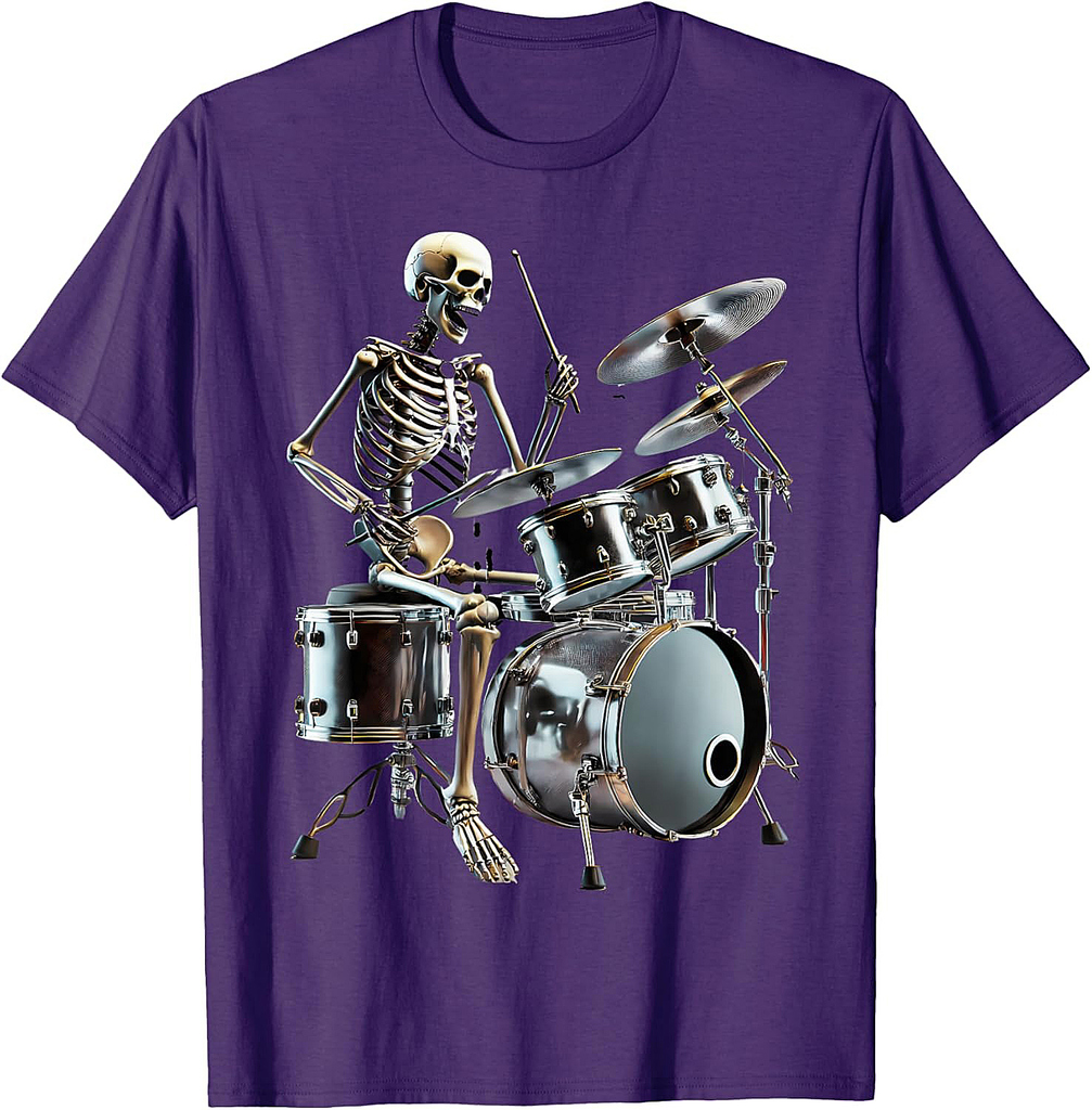 Halloween Rocker Skeleton Playing Drum, Skull Playing Drum T-Shirt