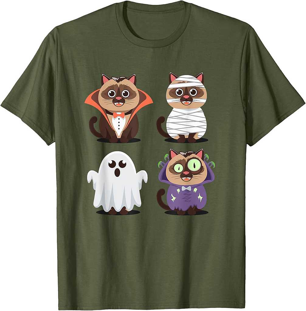 Halloween Siamese Cat Ghost Vampire Mummy Men Women Kids T-Shirt
