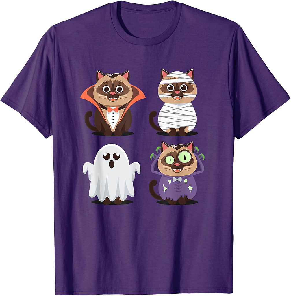 Halloween Siamese Cat Ghost Vampire Mummy Men Women Kids T-Shirt