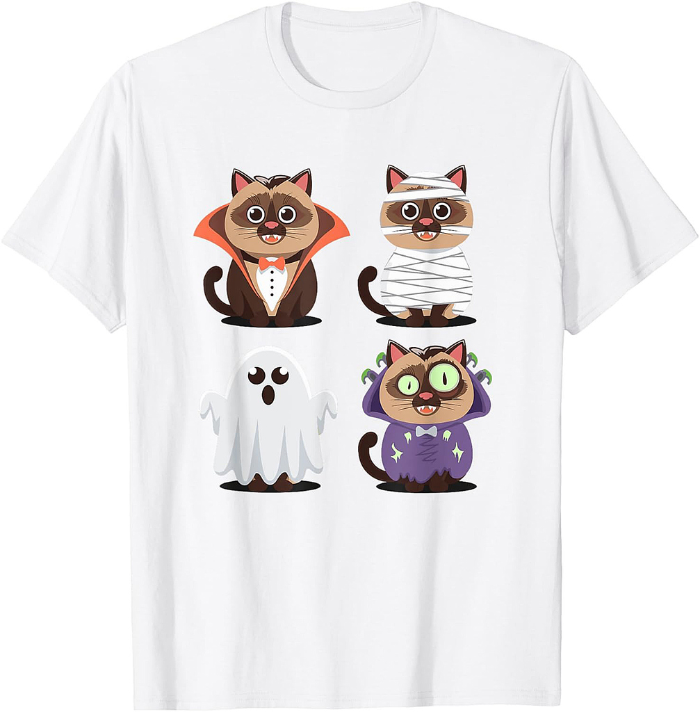 Halloween Siamese Cat Ghost Vampire Mummy Men Women Kids T-Shirt