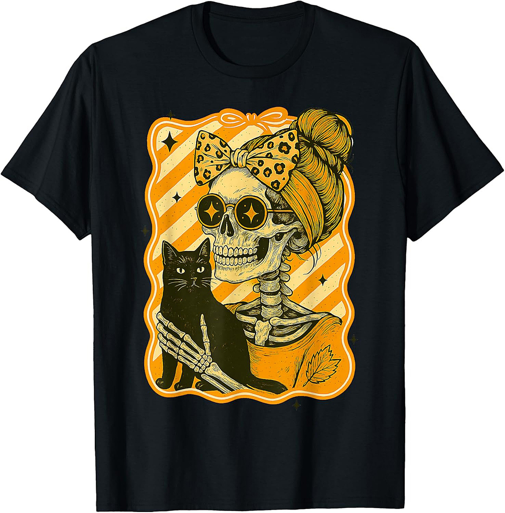 Halloween: Skeleton Hugging Cat Skull Fall Bow Womens T-Shirt