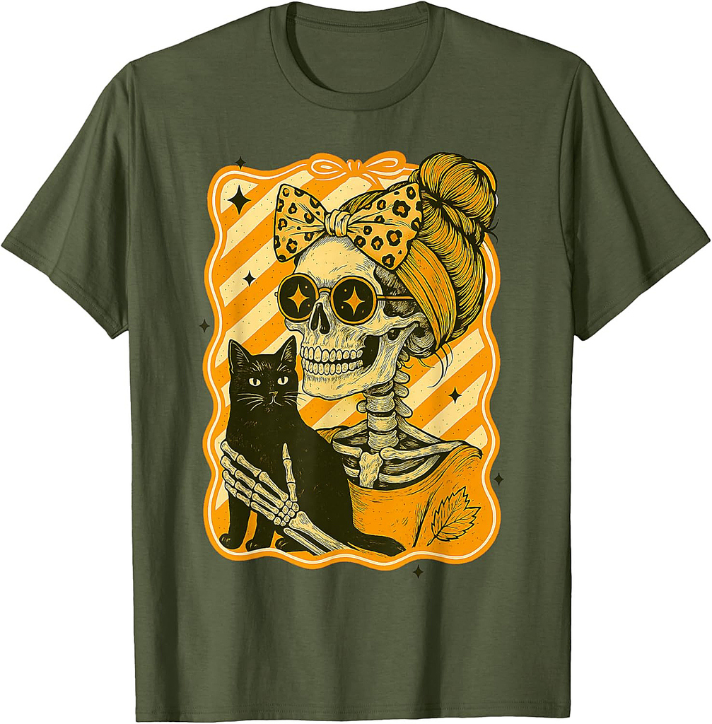 Halloween: Skeleton Hugging Cat Skull Fall Bow Womens T-Shirt