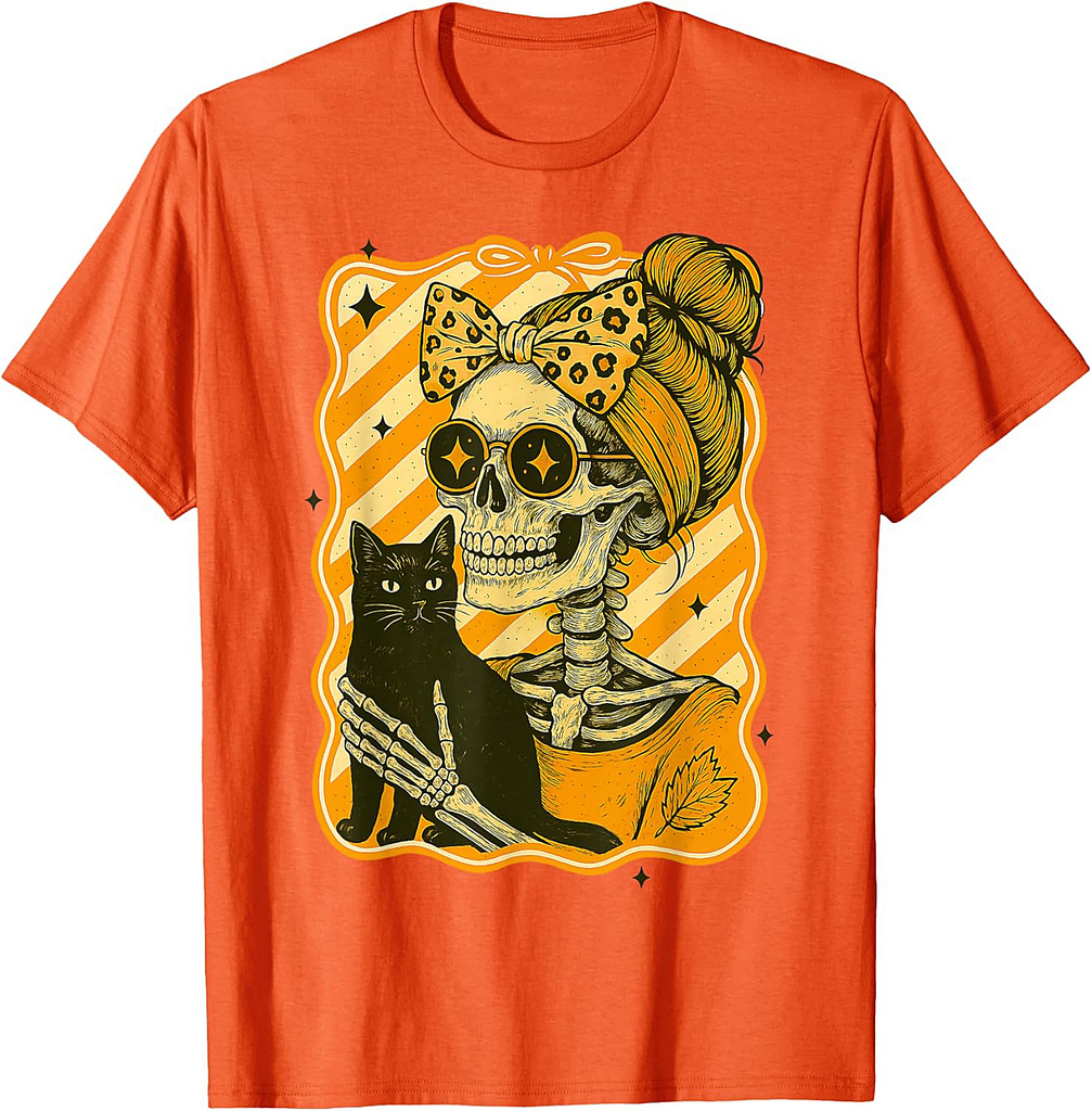 Halloween: Skeleton Hugging Cat Skull Fall Bow Womens T-Shirt